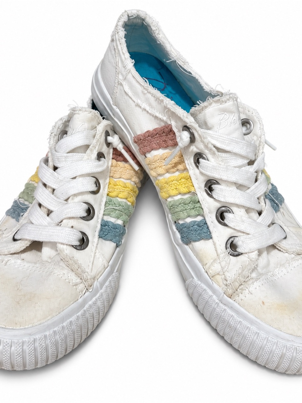 Blowfish Malibu White Pastel Rainbow Braided Canvas Sneakers 7.5